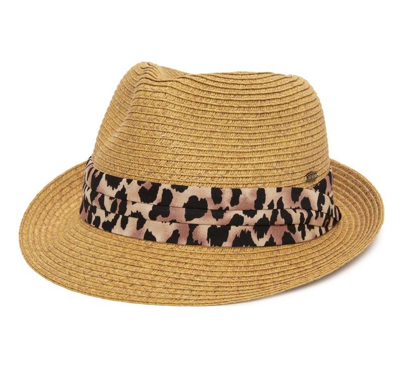 Funky Junque Women's Summer Fashion Straw Fedora Hat, UPF 50+ Adjustable Short Brim Sun Hat - Leopard Band - Natural - Image 1